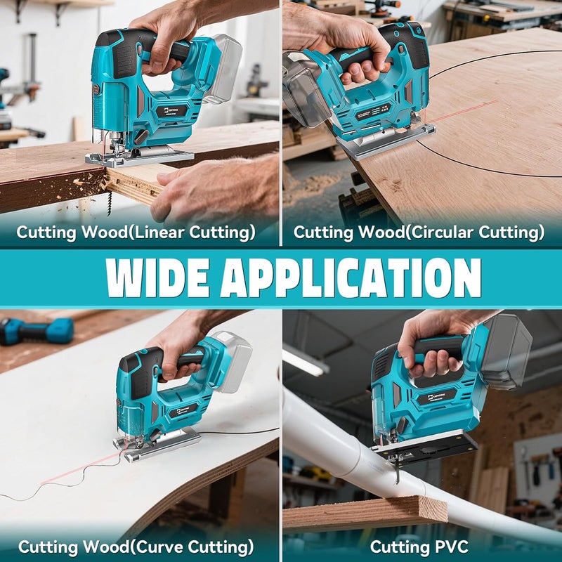 Cerycose Jig Saw Compatible with Makita 18V Battery, Laser Guide Cordless Jigsaw Tool, Brushless Motor, Variable Speed, 45° Bevel Angle Cut, LED Light, 3 Orbital Sets, 6PCS Blades (No Battery) - Image 4